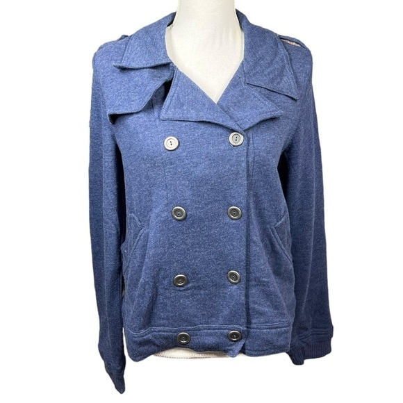Jackets & Blazers - Tresics Double Breasted Button Up Sweatshirt Pointed Collar Long Sleeve Blue L